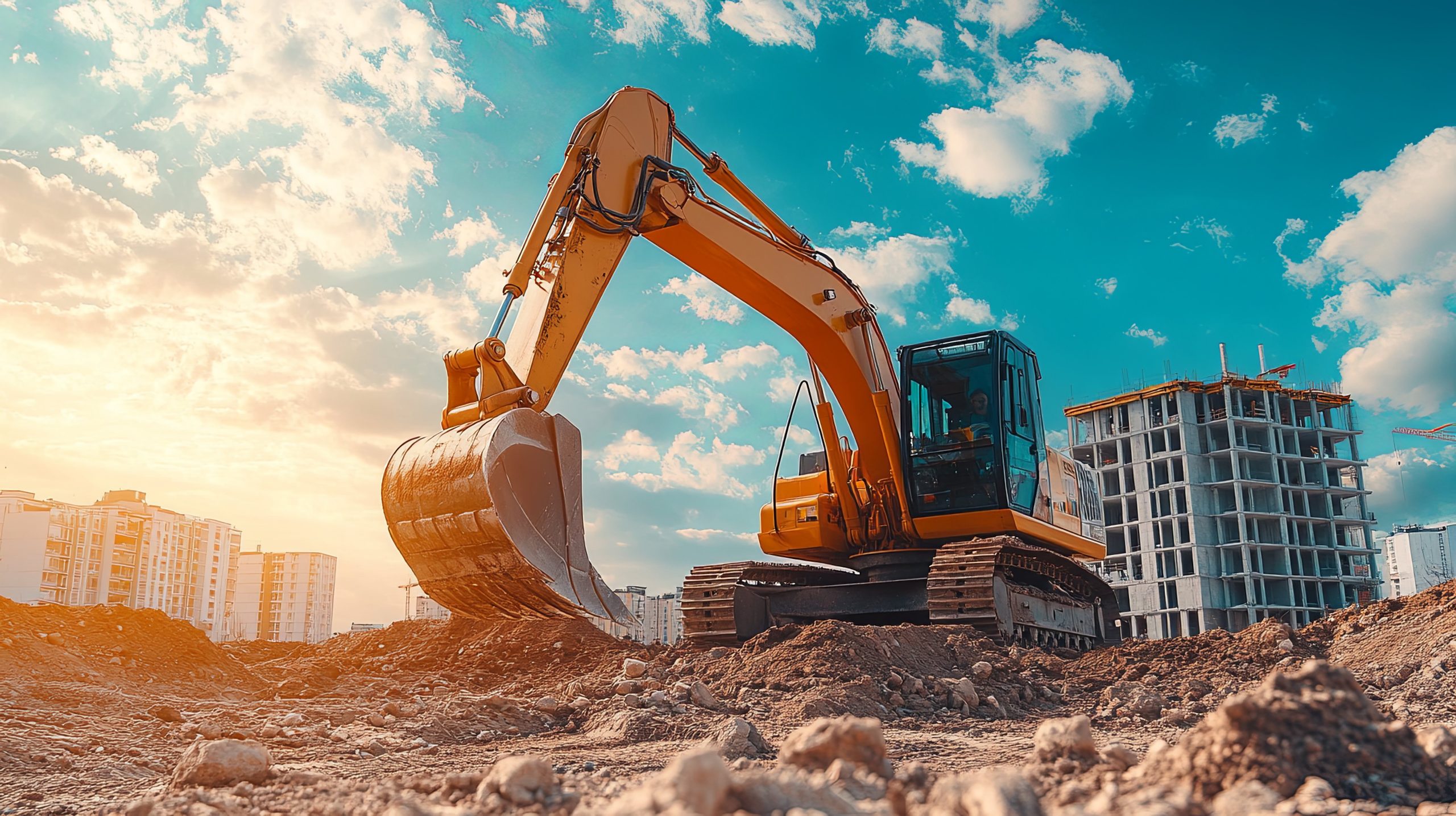 yellow-excavator-digging-dirt-construction-site-with-building-background